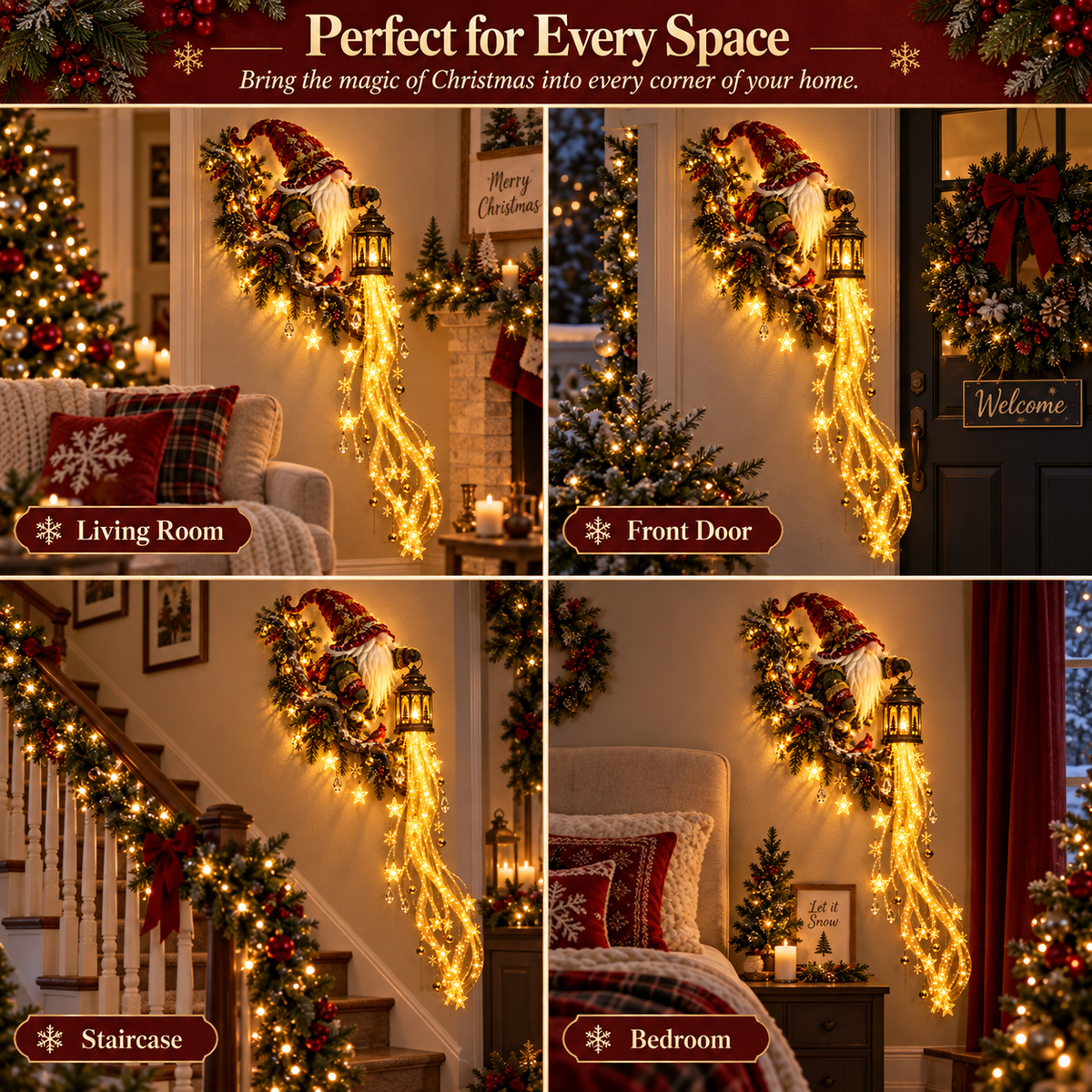 Four scene display of Gnome Lanternfall Christmas wall decor