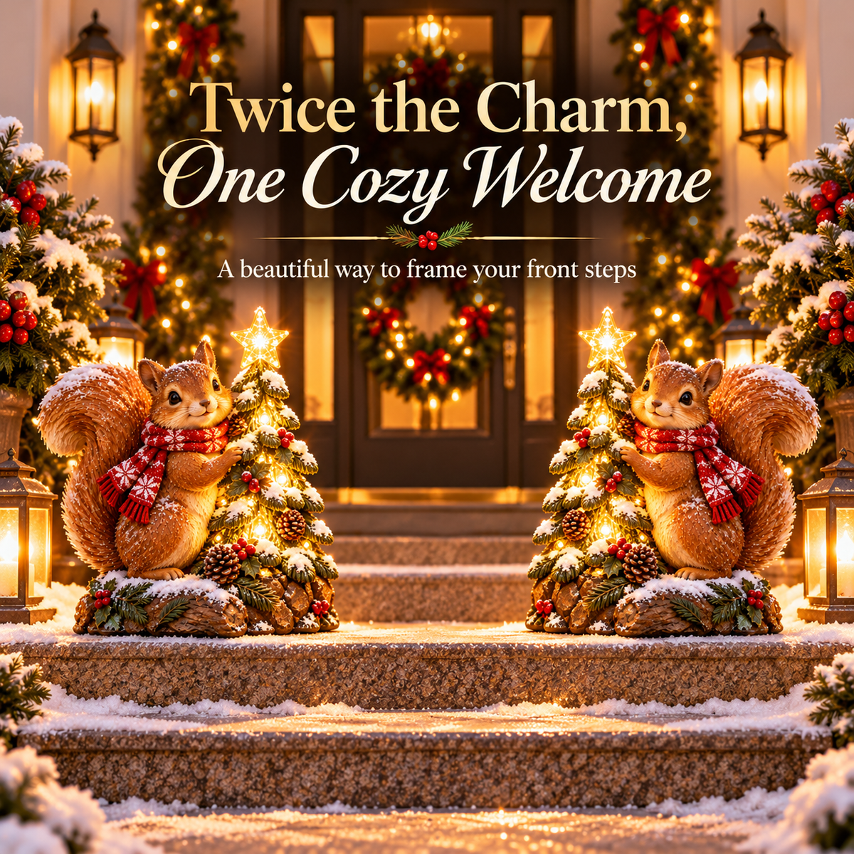 Two lighted squirrel decorations on front steps