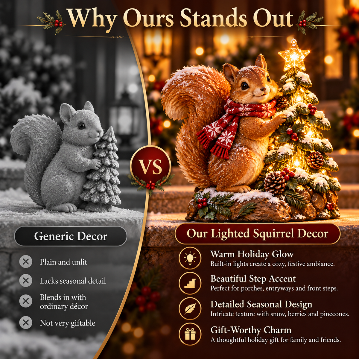 Lighted squirrel decor compared with ordinary unlit decor