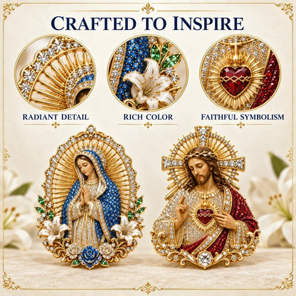 🔥LAST DAY 50% OFF - ✝️ 3D Jesus & Mary Sacred Devotion Pin | Gold-Tone Crystal Christian Brooch ❤️