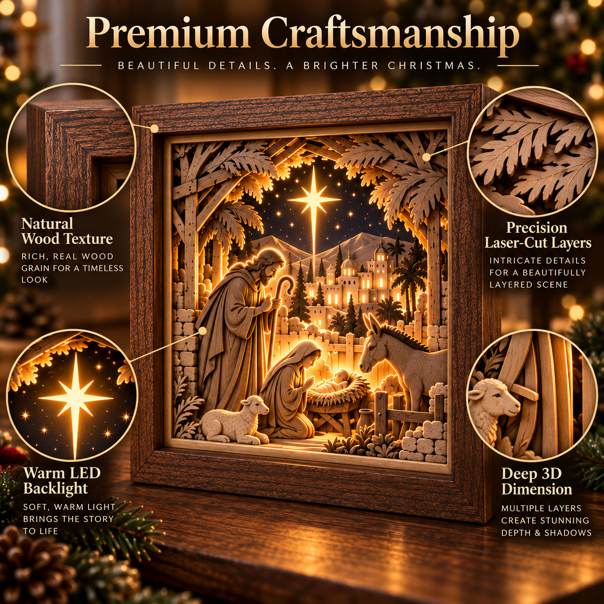 Close-up of layered wood texture and warm LED craftsmanship