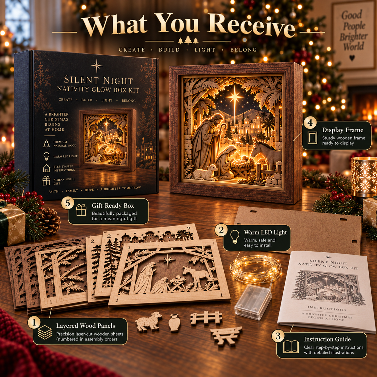 DIY wooden Christmas light box kit contents