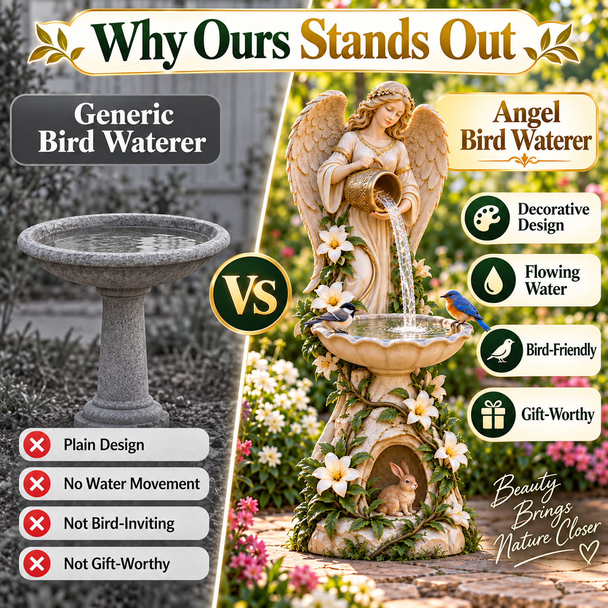 Original comparison graphic showing the decorative angel bird waterer beside a simple basin