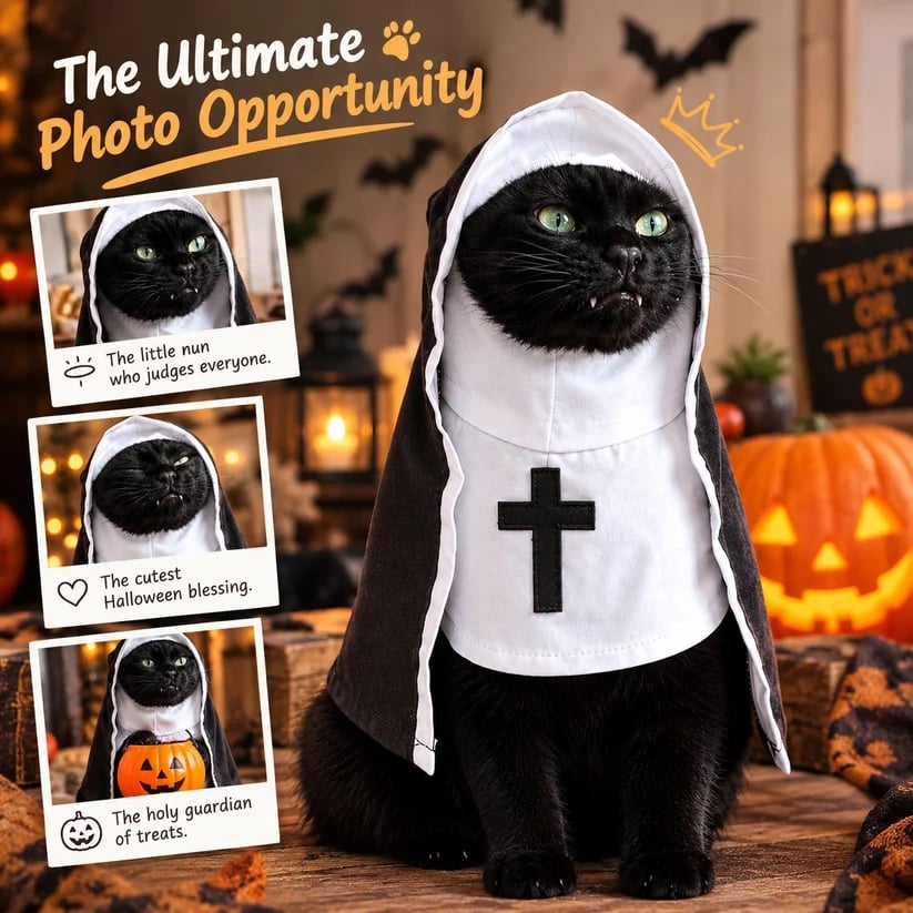 🐈‍⬛ Holy Cat™ Nun Costume – Funny Halloween Cat Outfit, Cute Black & White Pet Costume for Photos & Cat Lovers 🎃