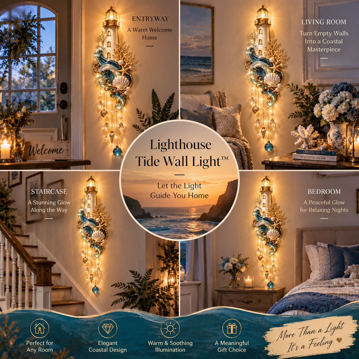 Lighthouse Tide Wall Light styled in four home spaces