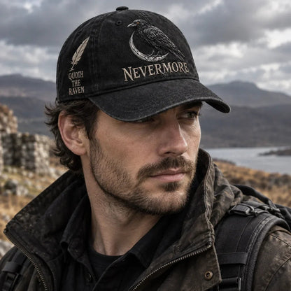🐦 NEVERMORE Raven Gothic Cap – Premium Embroidered Literary Cap | Full Embroidery • Adjustable Fit • Vintage Black Style 🌙