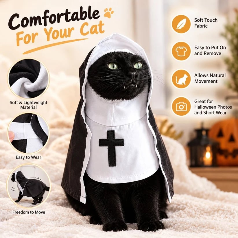 🐈‍⬛ Holy Cat™ Nun Costume – Funny Halloween Cat Outfit, Cute Black & White Pet Costume for Photos & Cat Lovers 🎃