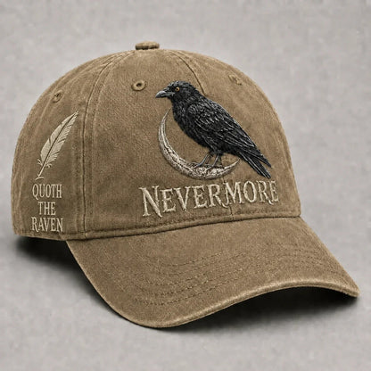 🐦 NEVERMORE Raven Gothic Cap – Premium Embroidered Literary Cap | Full Embroidery • Adjustable Fit • Vintage Black Style 🌙