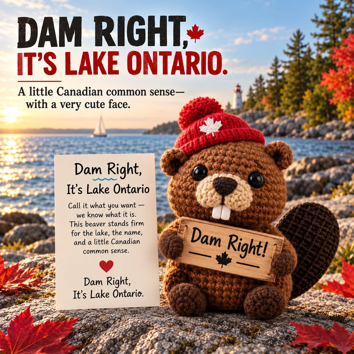 Dam Right Lake Ontario crochet beaver with red maple leaf toque