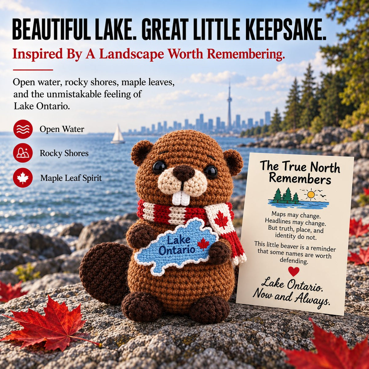 Canadian crochet beaver with maple leaf scarf and lake message card