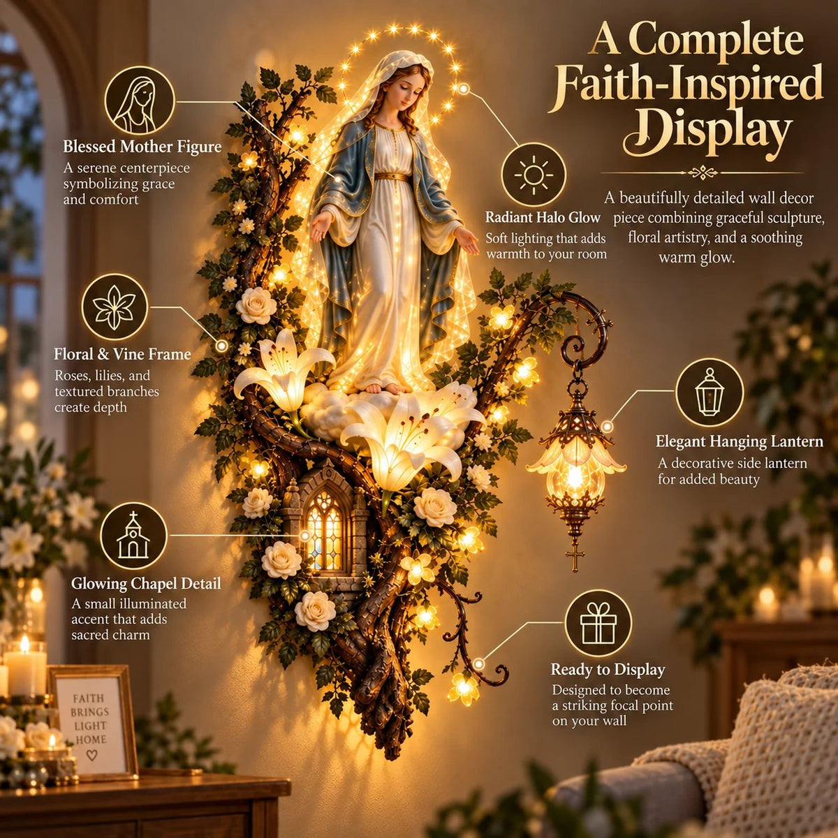 🏡HOT SALE🔥🙏 Blessed Mother Lighted Wall Décor | Virgin Mary 3D Religious Wall Art with Warm Ambient Glow