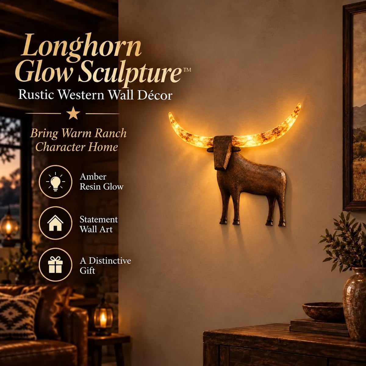 🐮✨Illuminated Longhorn Wall Sculpture – Rustic Western LED Wall Decor🌙