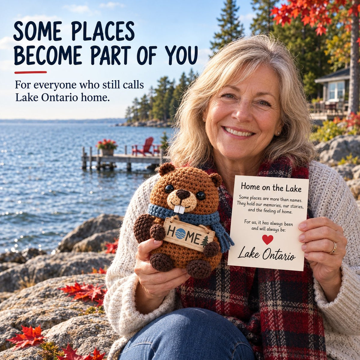 Woman holding Lake Ontario beaver and message card near the waterfront