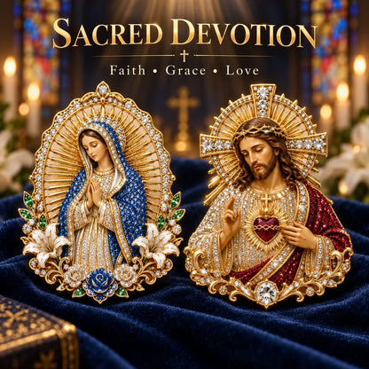 🔥LAST DAY 50% OFF - ✝️ 3D Jesus & Mary Sacred Devotion Pin | Gold-Tone Crystal Christian Brooch ❤️