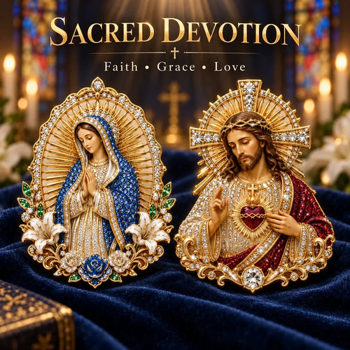 🔥LAST DAY 50% OFF - ✝️ 3D Jesus & Mary Sacred Devotion Pin | Gold-Tone Crystal Christian Brooch ❤️
