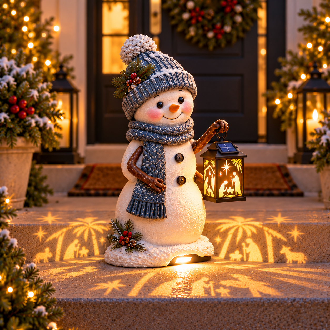 Snowman Nativity solar Christmas light glowing at night