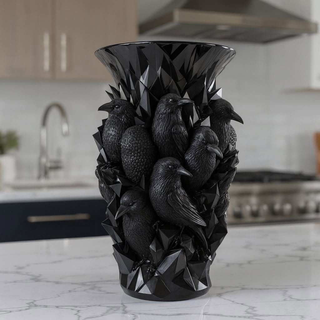 Midnight Ravens vase with black sculpted birds