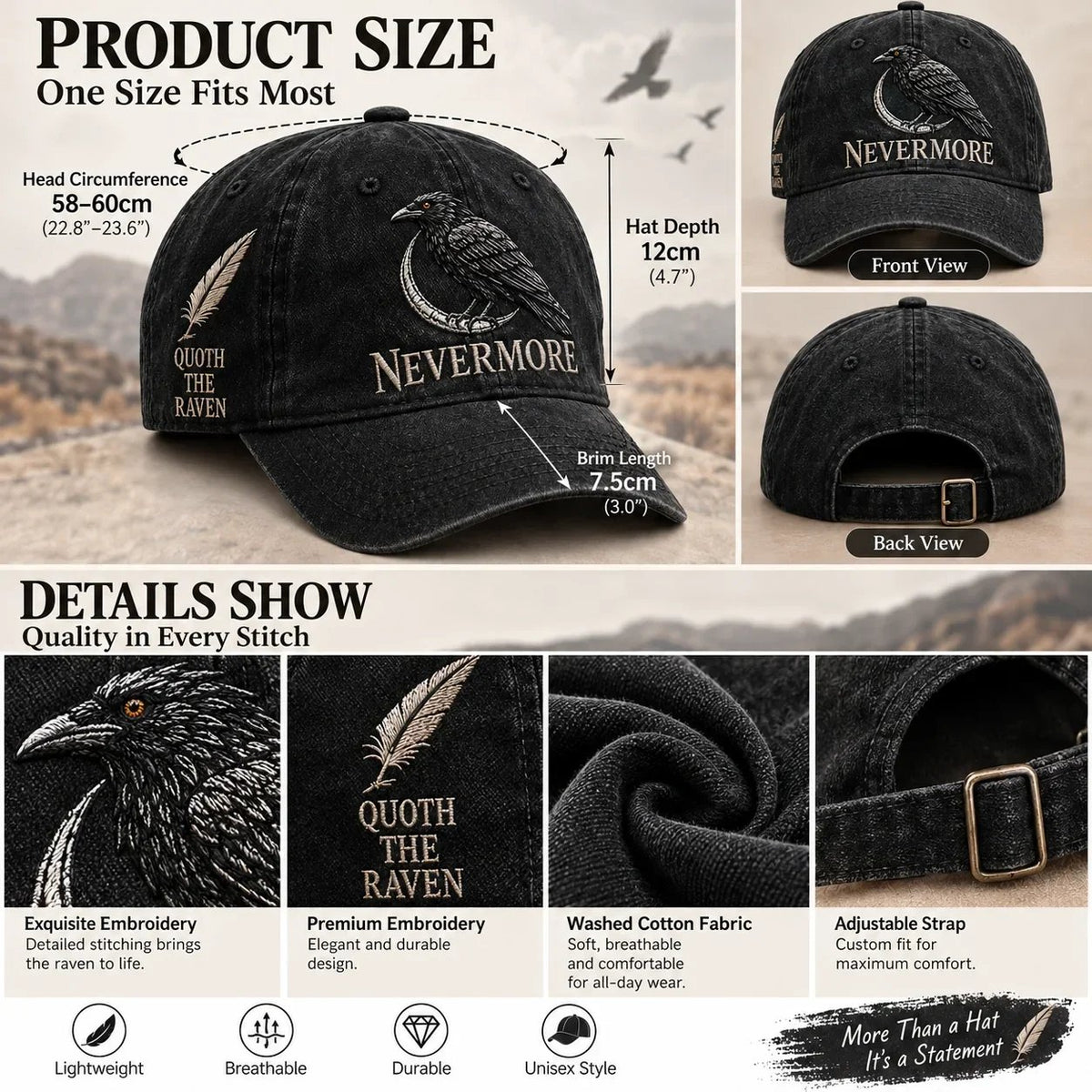 🐦 NEVERMORE Raven Gothic Cap – Premium Embroidered Literary Cap | Full Embroidery • Adjustable Fit • Vintage Black Style 🌙