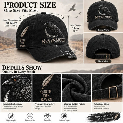 🐦 NEVERMORE Raven Gothic Cap – Premium Embroidered Literary Cap | Full Embroidery • Adjustable Fit • Vintage Black Style 🌙