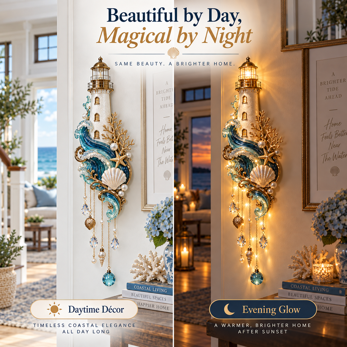 Lighthouse Tide Wall Light day and night comparison