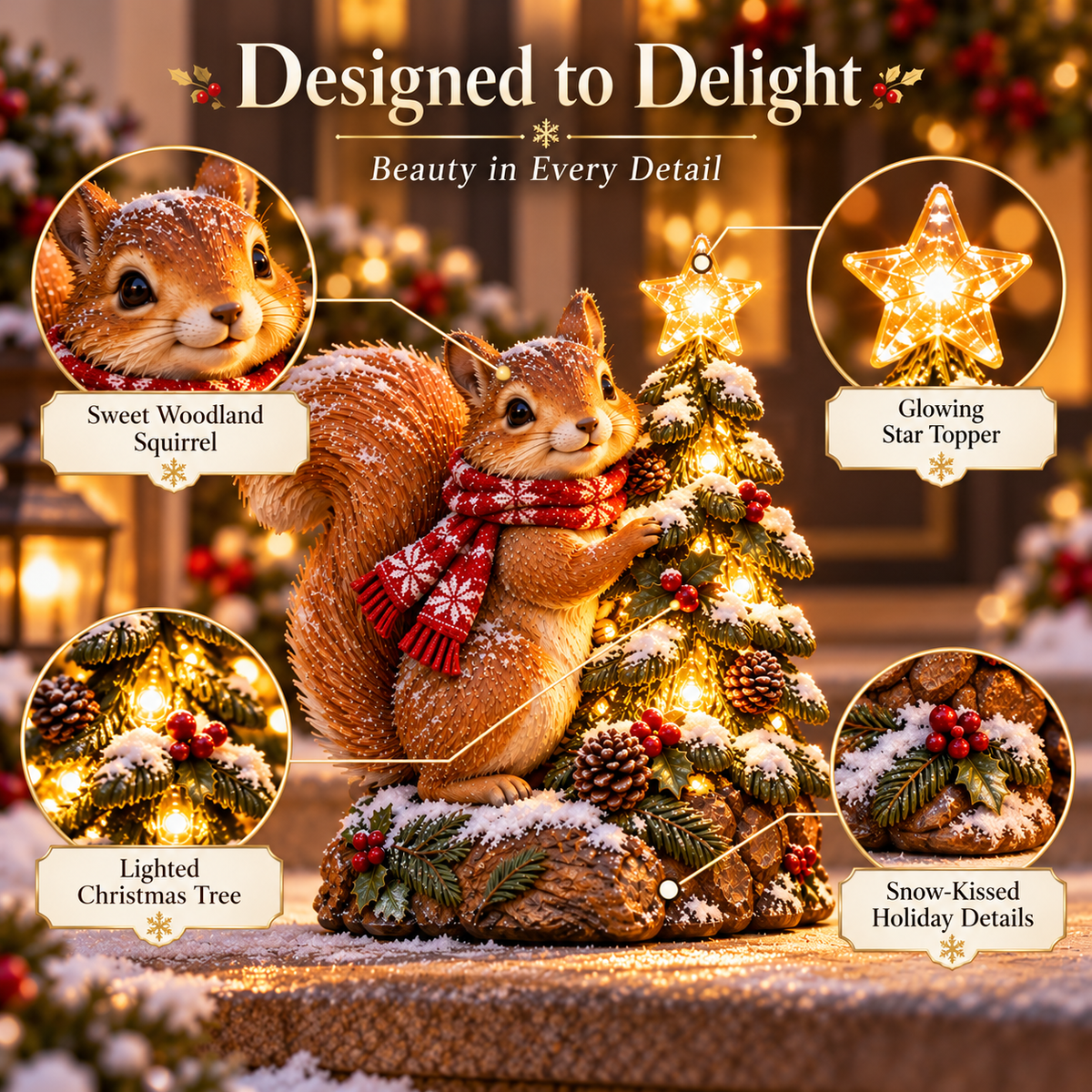 Close-up of Christmas woodland squirrel light details