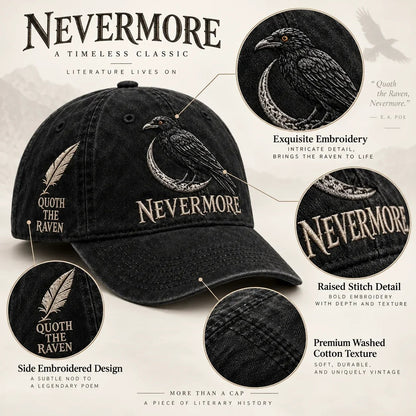 🐦 NEVERMORE Raven Gothic Cap – Premium Embroidered Literary Cap | Full Embroidery • Adjustable Fit • Vintage Black Style 🌙