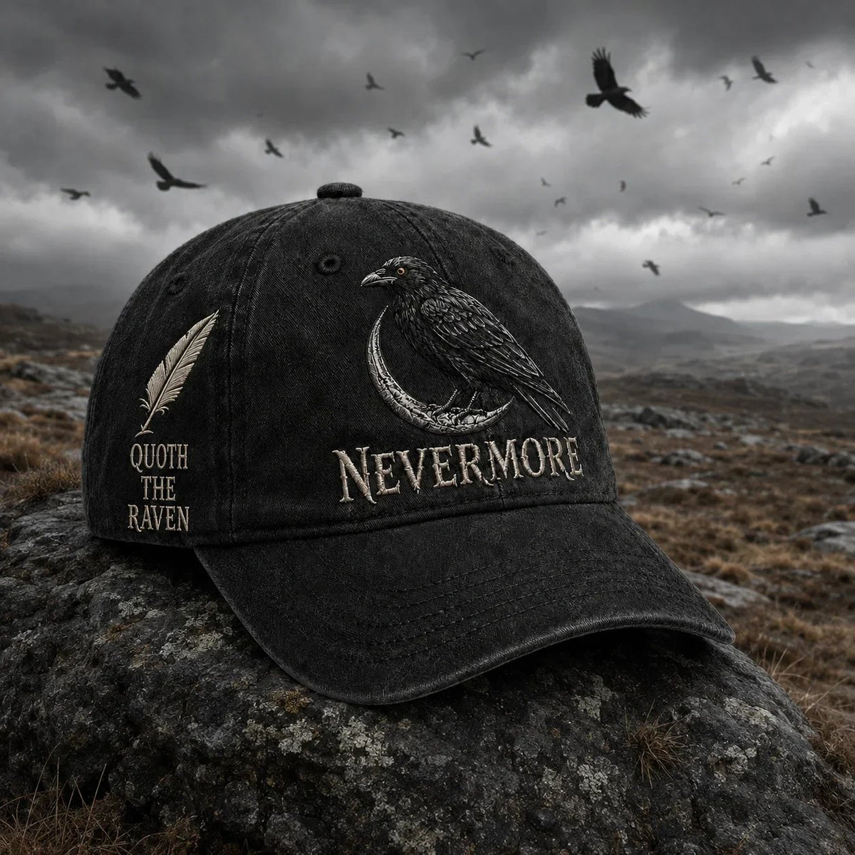 🐦 NEVERMORE Raven Gothic Cap – Premium Embroidered Literary Cap | Full Embroidery • Adjustable Fit • Vintage Black Style 🌙