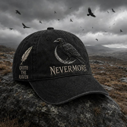 🐦 NEVERMORE Raven Gothic Cap – Premium Embroidered Literary Cap | Full Embroidery • Adjustable Fit • Vintage Black Style 🌙