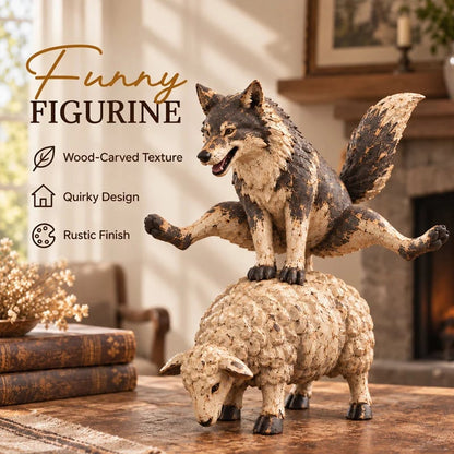 🐺Lustige Figur: Wolf reitet auf einem Schaf🐑 | Rustikale Tierstatue im Landhausstil