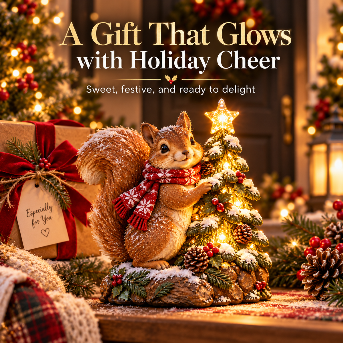 Christmas squirrel decoration with festive gift wrapping
