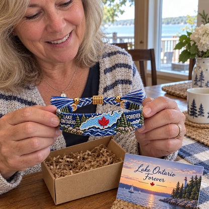 🌊 Lake Ontario Forever Embroidered Bracelet | Scenic Lake Design with Adjustable Woven Band, Meaningful Message & Gift-Ready Keepsake Box 🍁