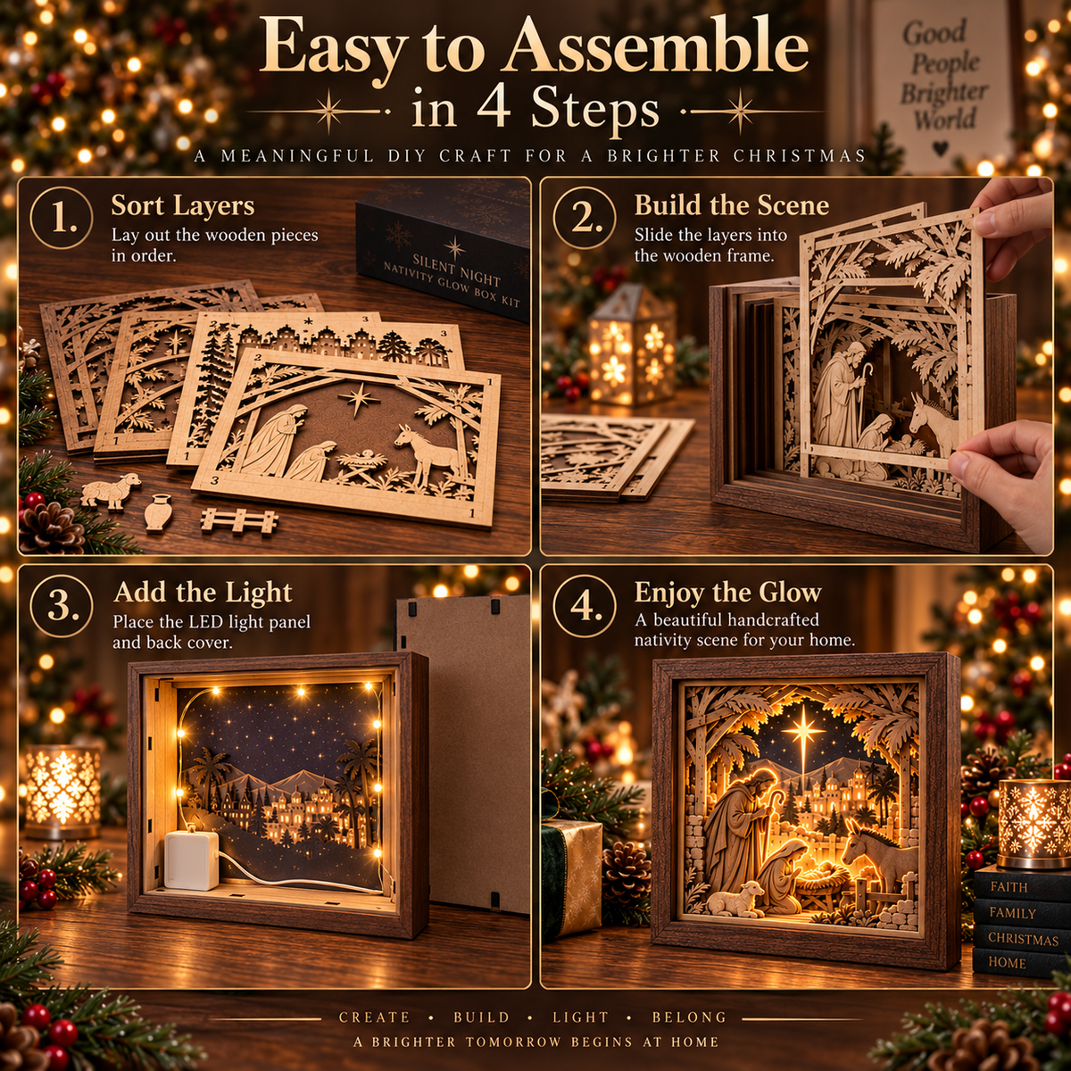 Four-step DIY wooden nativity light box assembly guide