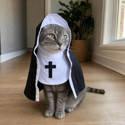 🐈‍⬛ Holy Cat™ Nun Costume – Funny Halloween Cat Outfit, Cute Black & White Pet Costume for Photos & Cat Lovers 🎃
