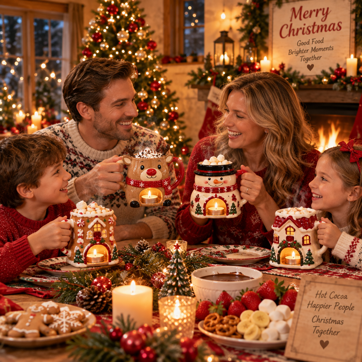 Family using Christmas warming mugs together