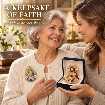 🔥LAST DAY 50% OFF - ✝️ 3D Jesus & Mary Sacred Devotion Pin | Gold-Tone Crystal Christian Brooch ❤️