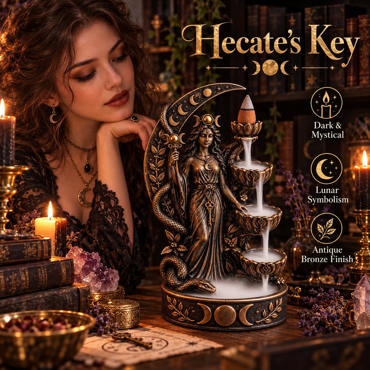 🔥LAST DAY 50% OFF - 🌙 Hecate’s Key | Triple Moon Backflow Incense Burner