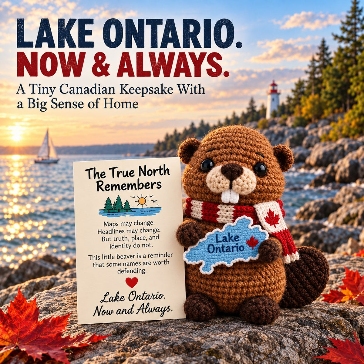 Lake Ontario crochet beaver with message card by the lakeshore