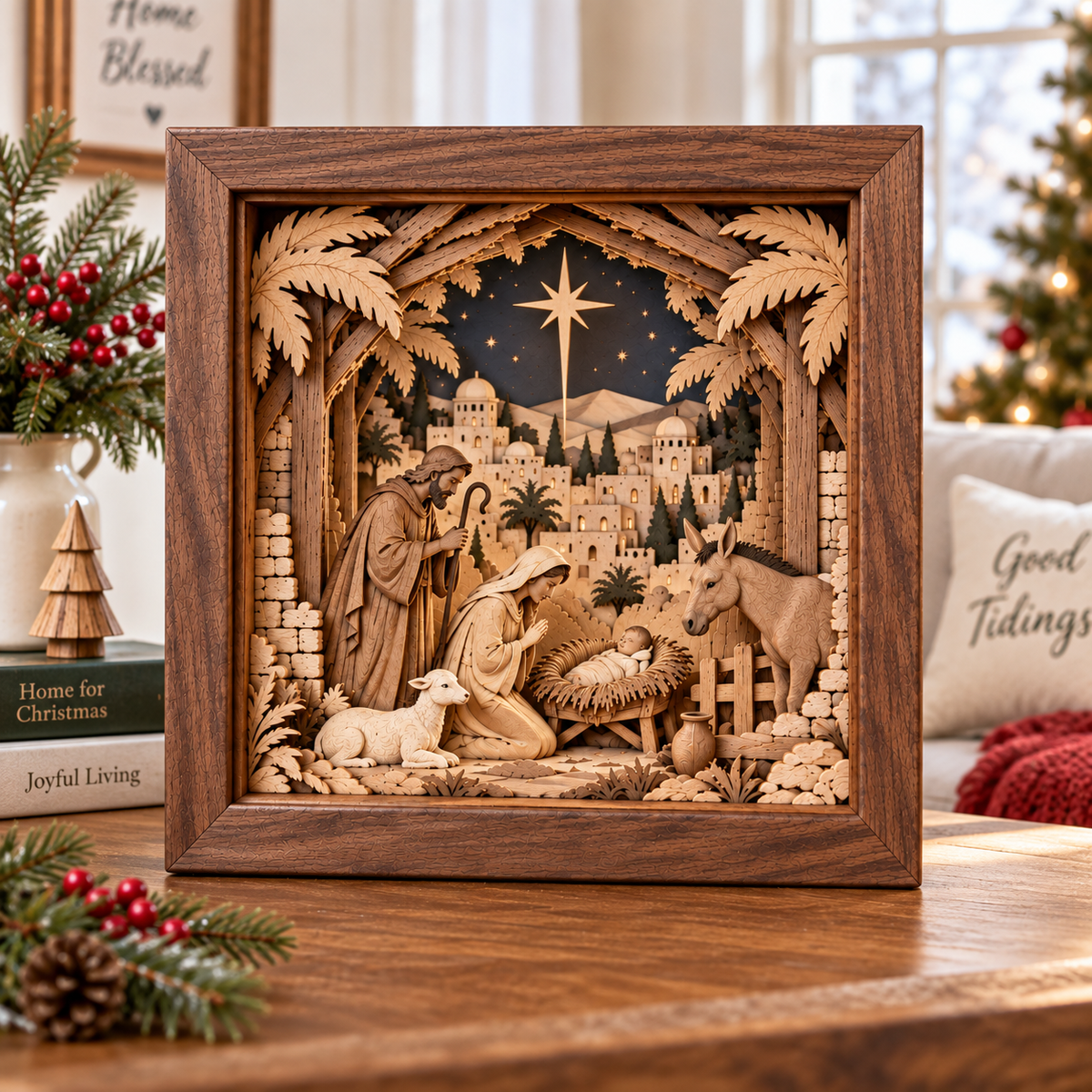 Unlit layered wooden nativity display