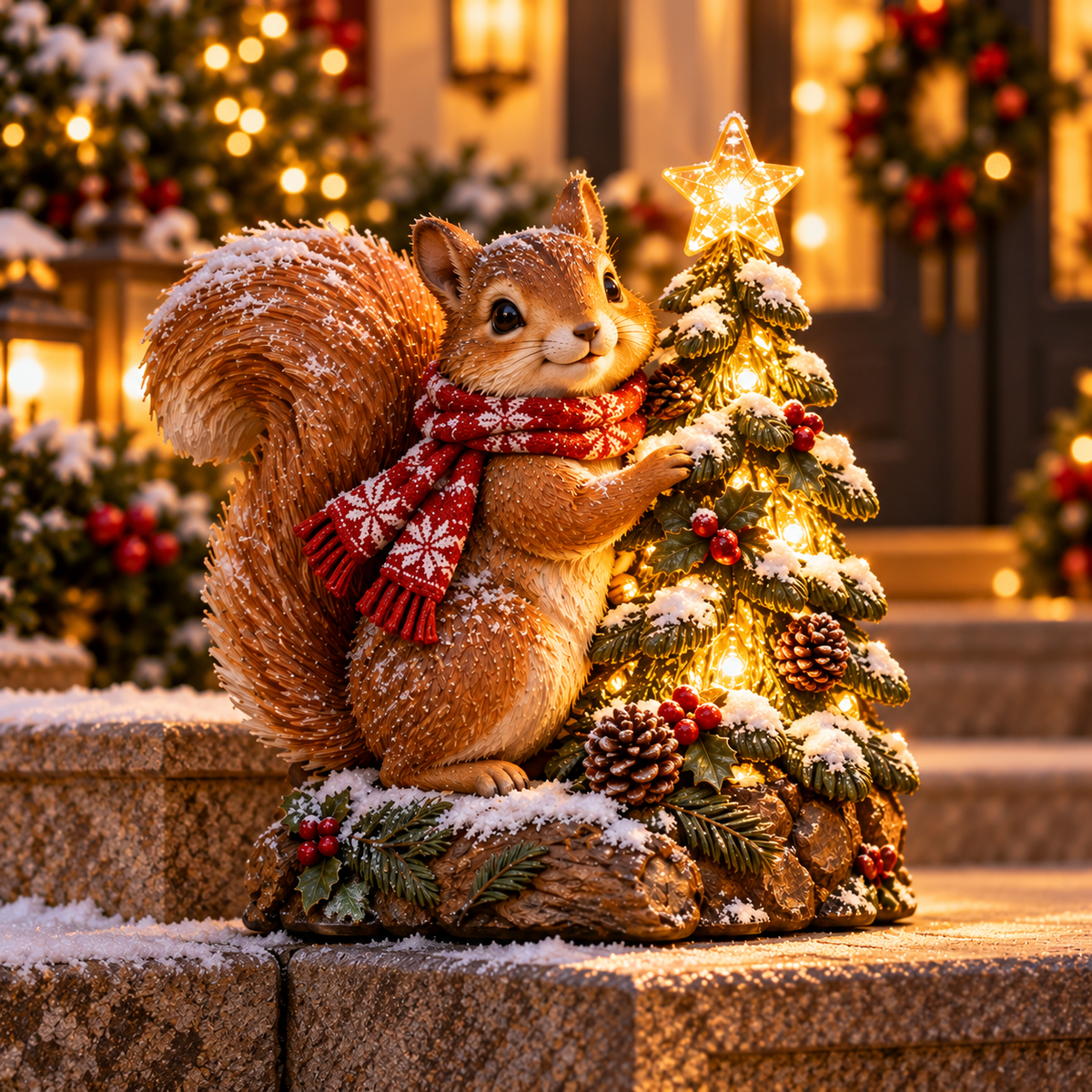 Lighted squirrel with Christmas tree