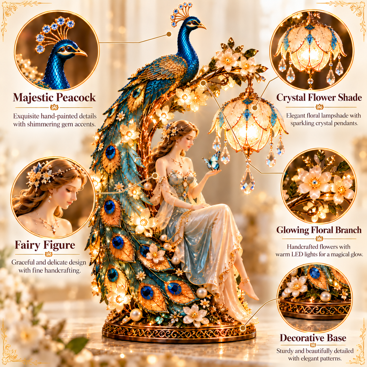 ✨ Holiday Sale 🦚 Moonlit Peacock Fairy™ – Elegant Lighted Lady Sculpture with Crystal Glow