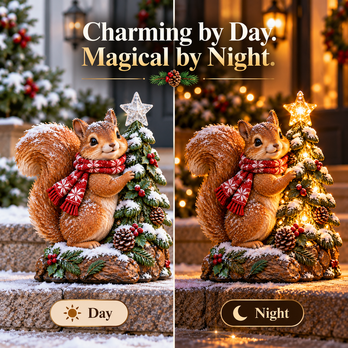 Day and night comparison of lighted squirrel decoration
