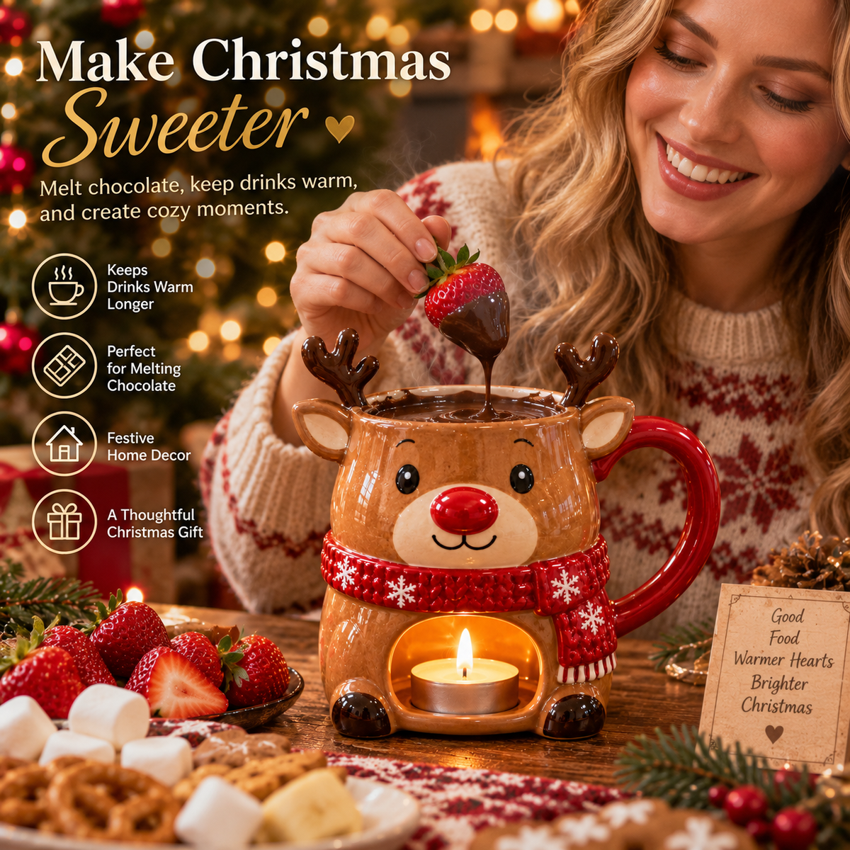 Woman dipping strawberry into warm chocolate in Christmas reindeer mug