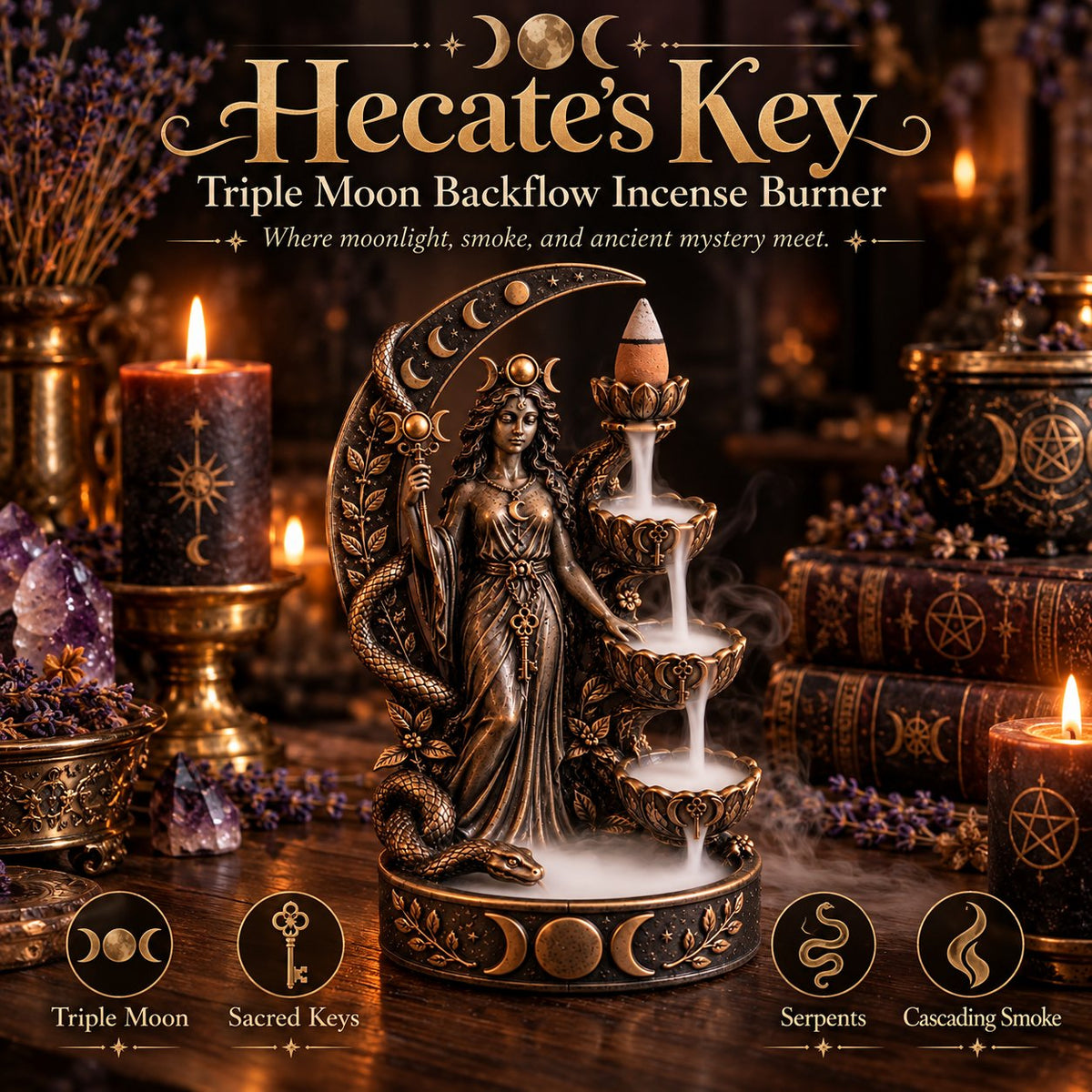 🔥LAST DAY 50% OFF - 🌙 Hecate’s Key | Triple Moon Backflow Incense Burner