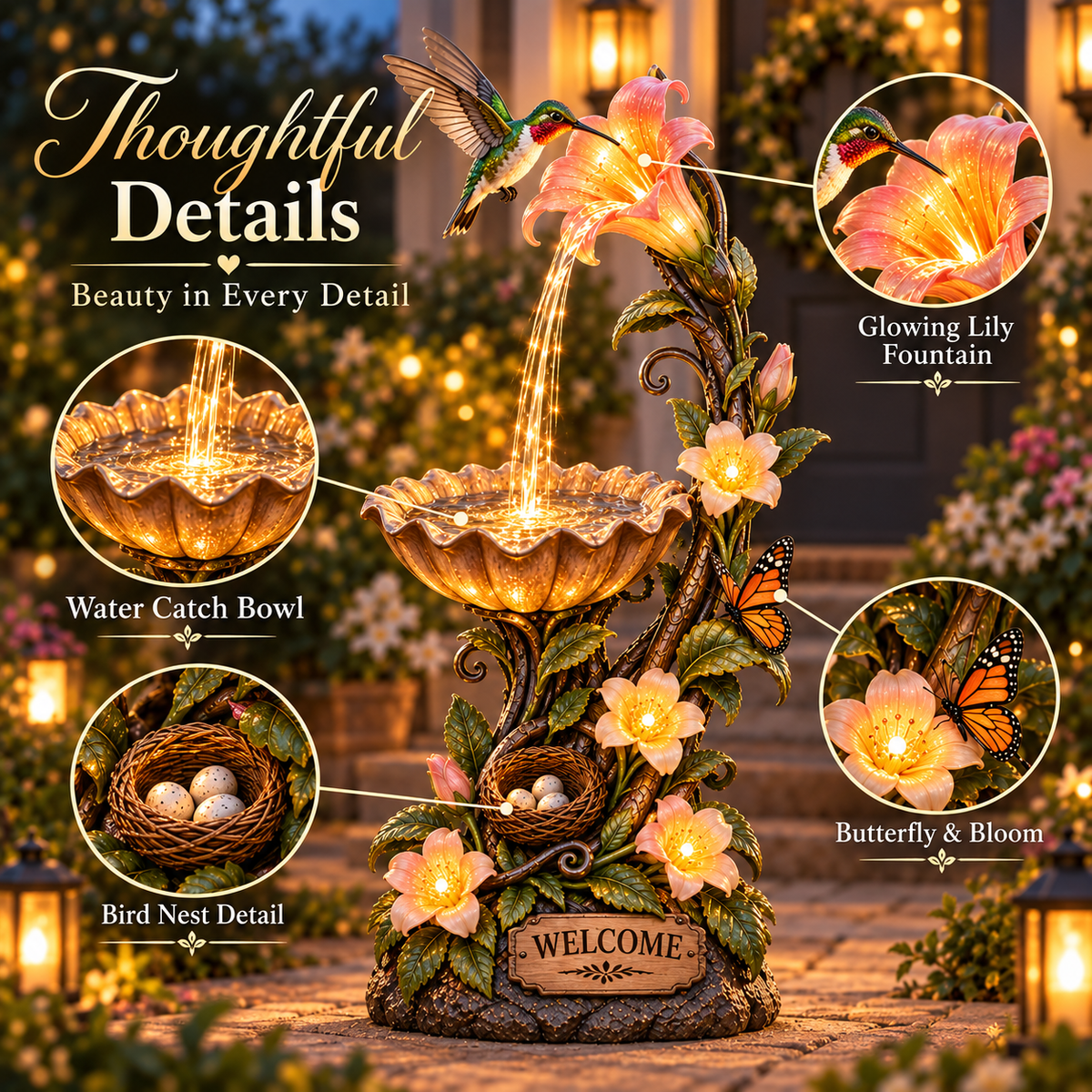 ✨ Last Day 49% OFF🐦✨ Hummingbird Nectar Fountain™ – Lighted Garden & Porch Decor