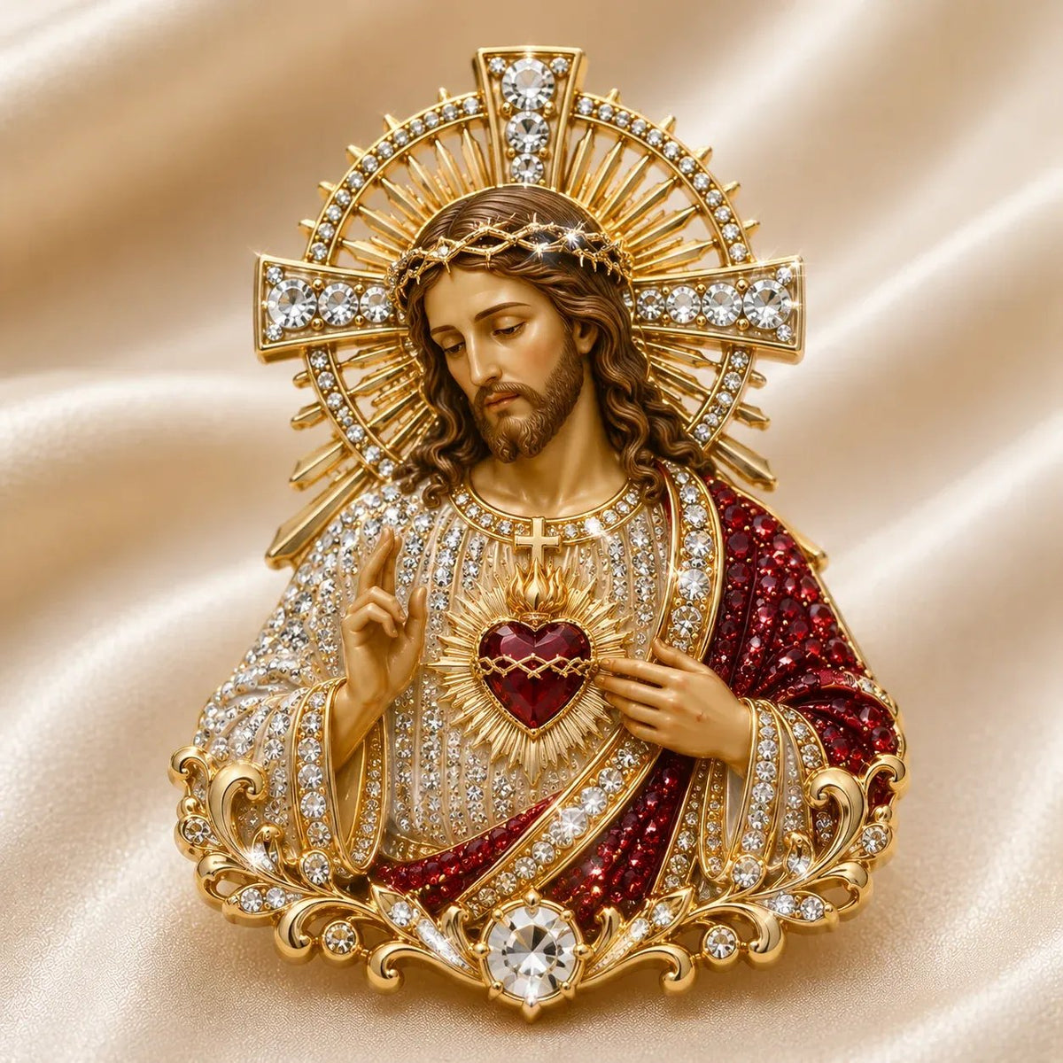 🔥LAST DAY 50% OFF - ✝️ 3D Jesus & Mary Sacred Devotion Pin | Gold-Tone Crystal Christian Brooch ❤️