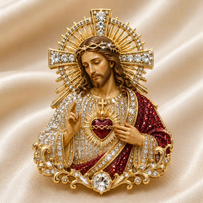 🔥LAST DAY 50% OFF - ✝️ 3D Jesus & Mary Sacred Devotion Pin | Gold-Tone Crystal Christian Brooch ❤️