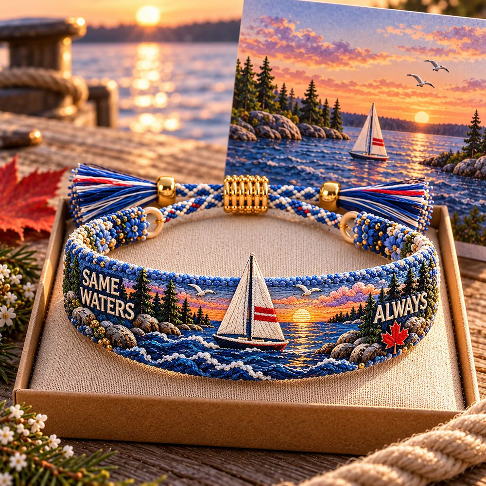 Same Waters Always bracelet with a sailboat at sunset