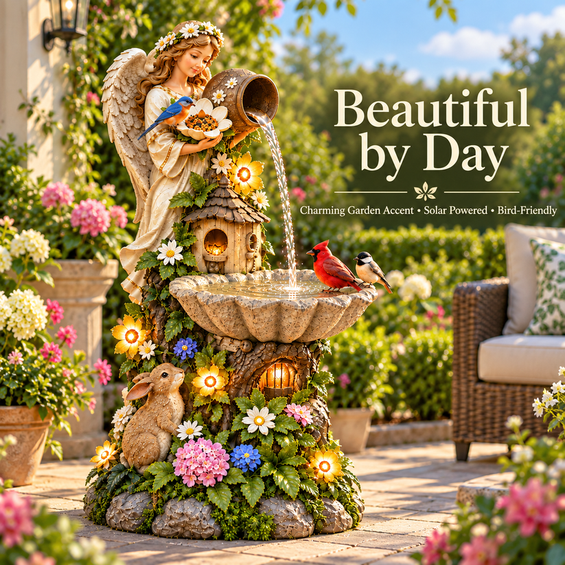 Angel bird bath displayed as decorative garden art