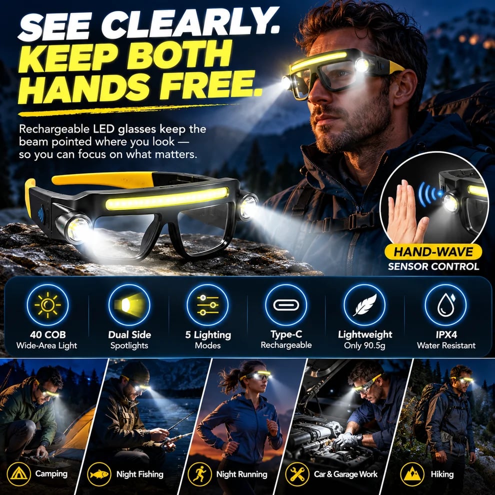 🔦 Rechargeable LED Light Glasses – Hands-Free, Wave Sensor & 5 Lighting Modes