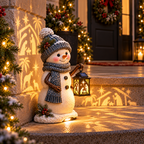 ⛄ Last Day 49% Snowman Nativity Glow™ – Solar Christmas Step Light with Holy Family Projection
